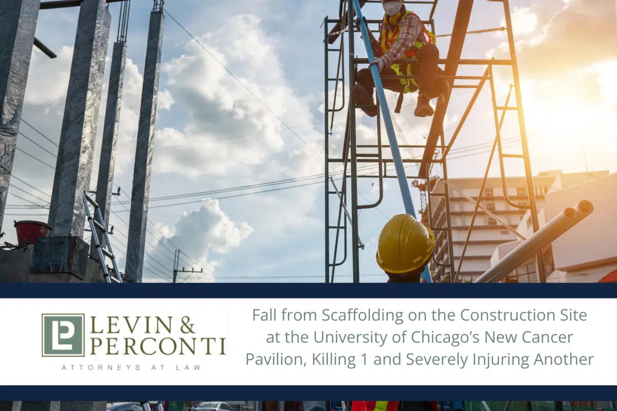 Construction workers on scaffolding at the University of Chicago's construction site