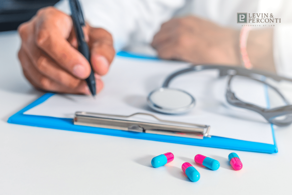 Medication sitting on a desk in front of a prescribing doctor, who is writing on a clipboard