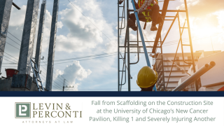Construction workers on scaffolding at the University of Chicago's construction site